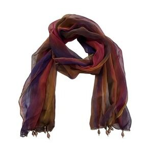 Sheer Beaded Tassel Scarf Striped Rectangular Gold Multi